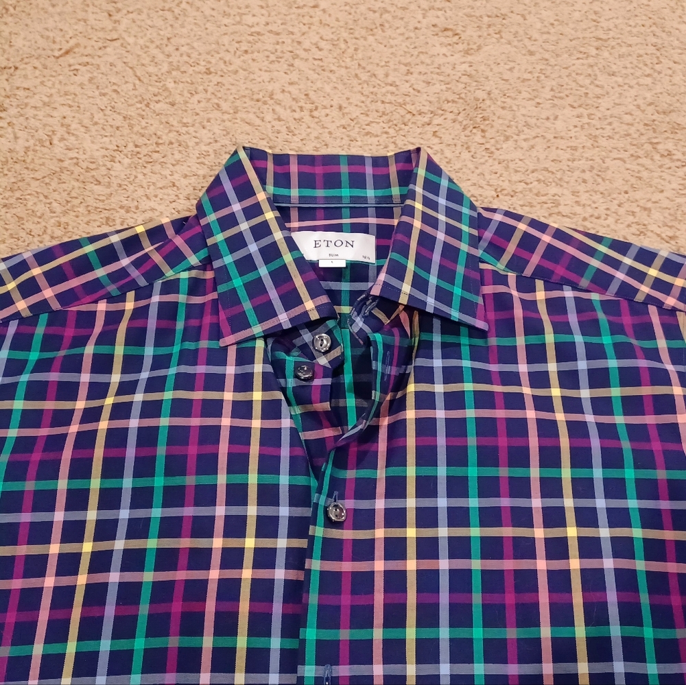 Eton Vibrant Colorful Plaid Men's Dress Shirt Size Large Slim 14.5"